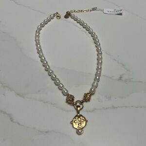 Susan Shaw Elegant Gold Charm and White Pearl Necklace